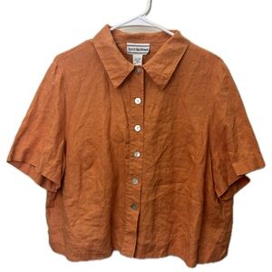 100% Linen Orange Button Front Blouse Boxy Cropped Fit Short Sleeve Lightweight